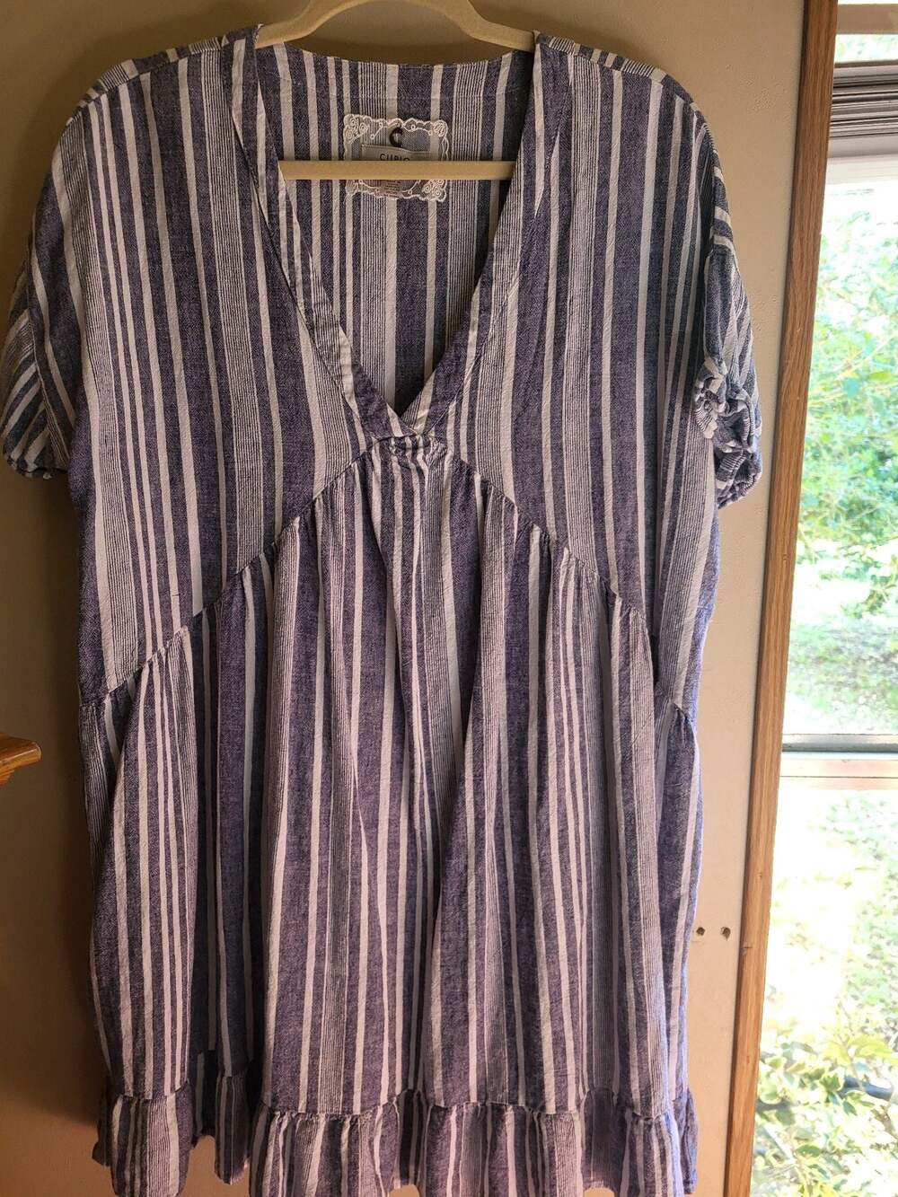 Curio Blue and White Striped V-Neck Ruffle Hem Babydoll Dress Size S